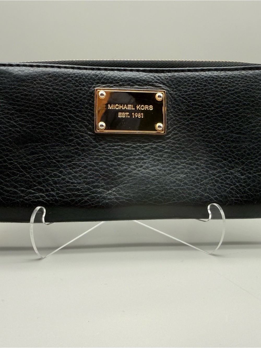 Michael Kors Black Pebbled Leather Zip Around Continental Wallet Logo Plaque
